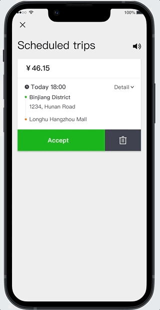 Current design — drivers accept or delete scheduled trips one at a time from a list