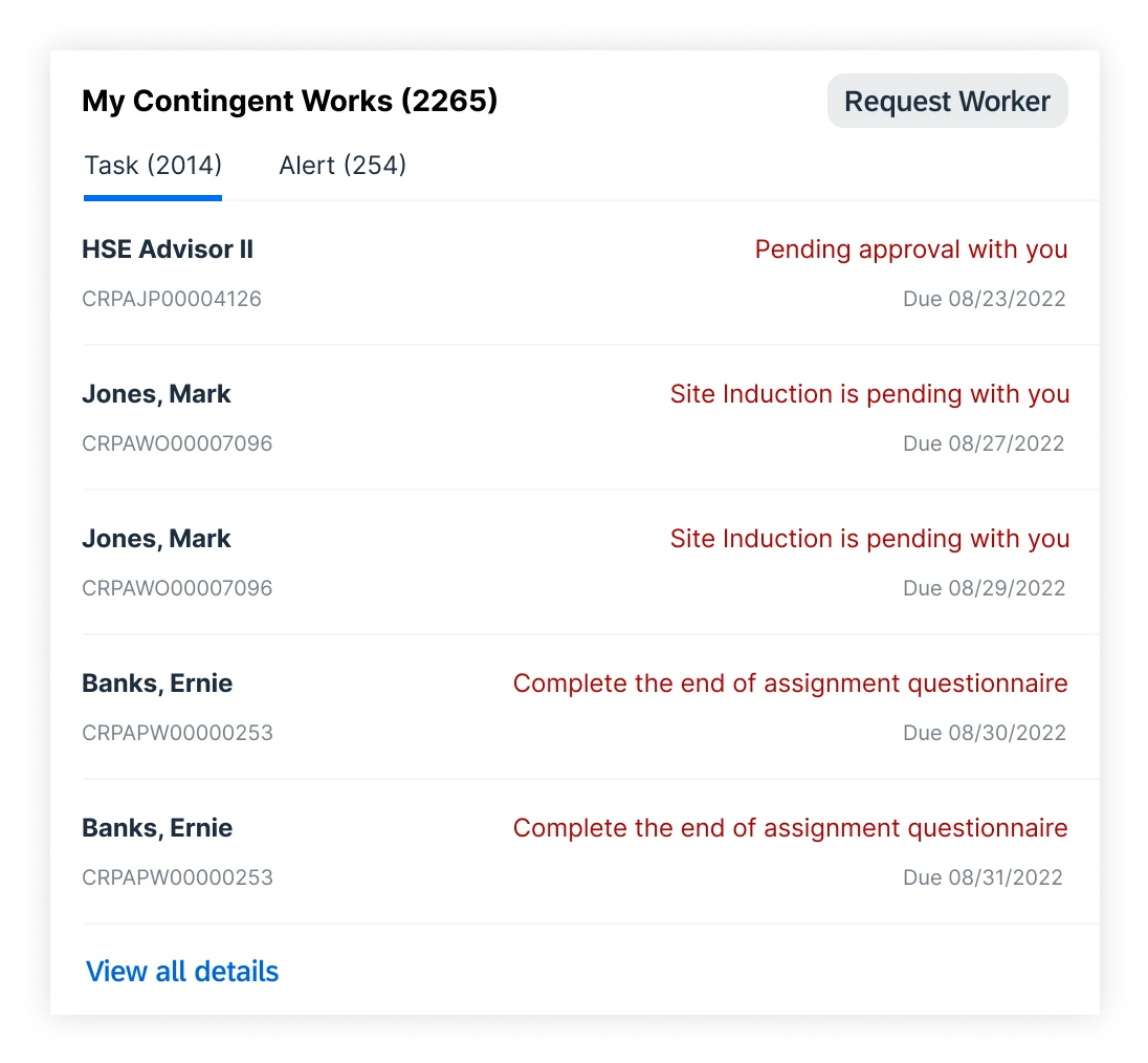 Exploration 2 — tabbed My Contingent Works widget with task/alert status